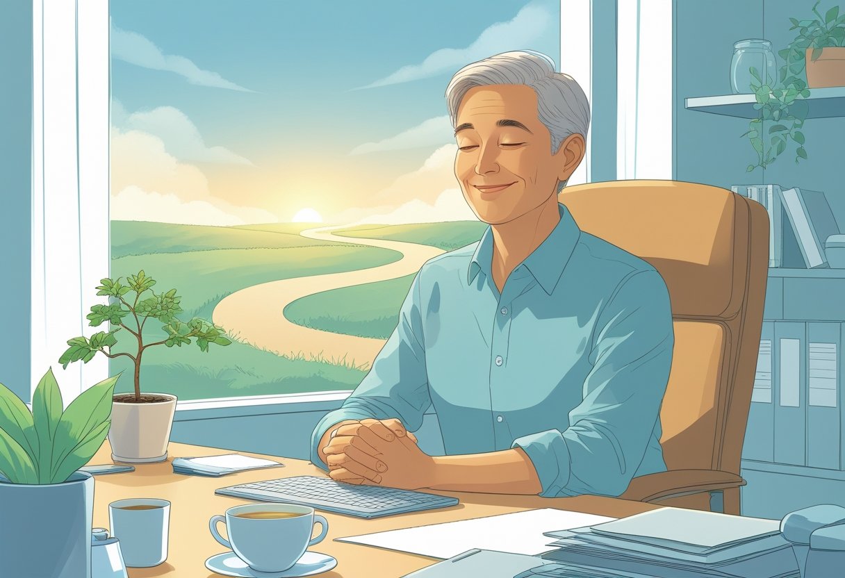A middle-aged professional sitting peacefully at a desk in a calm office with plants and soft natural light, symbolizing stress relief and recovery.