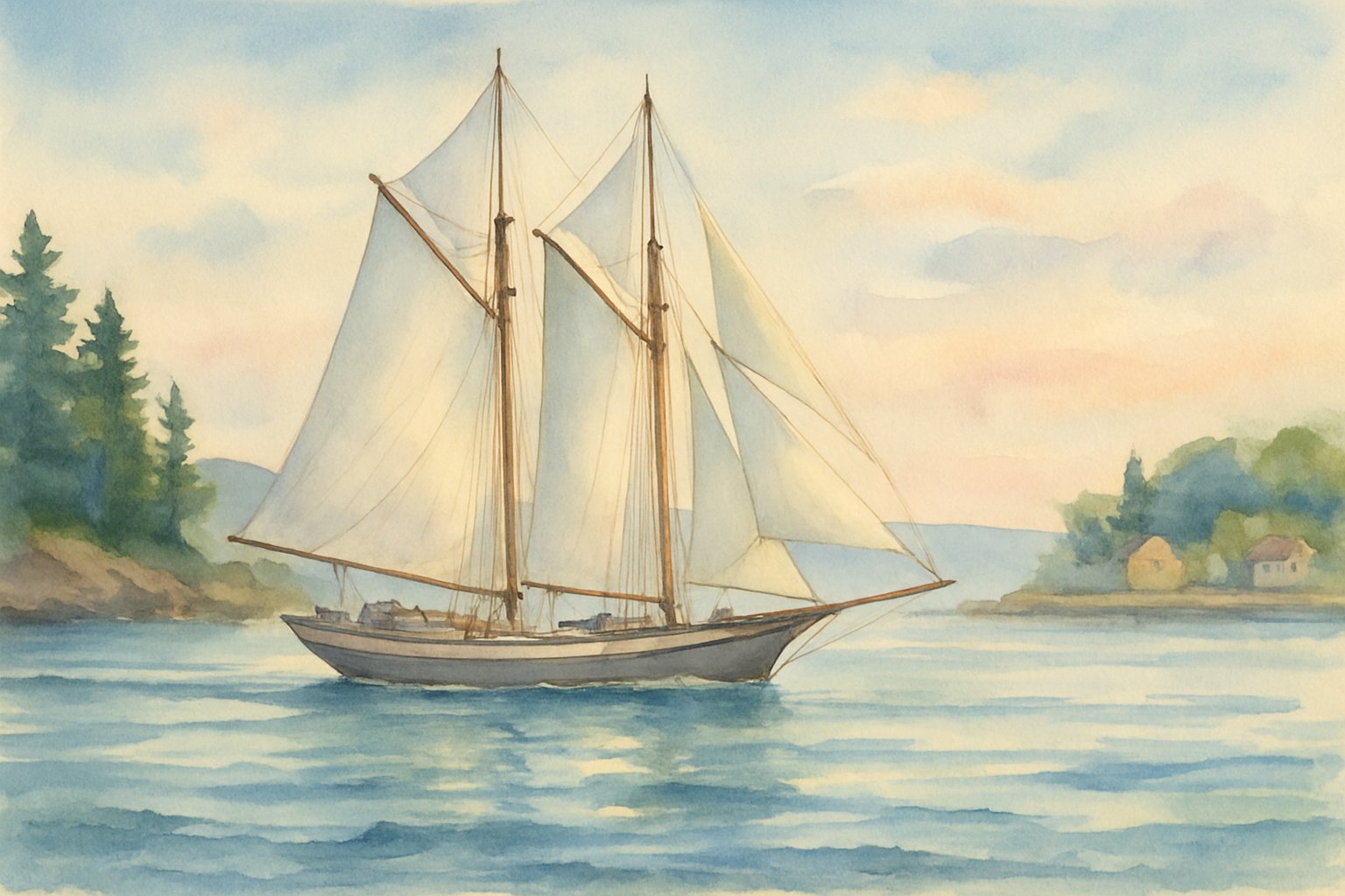 A historic wooden schooner with tall sails sailing on calm coastal waters near a shoreline with trees and buildings.