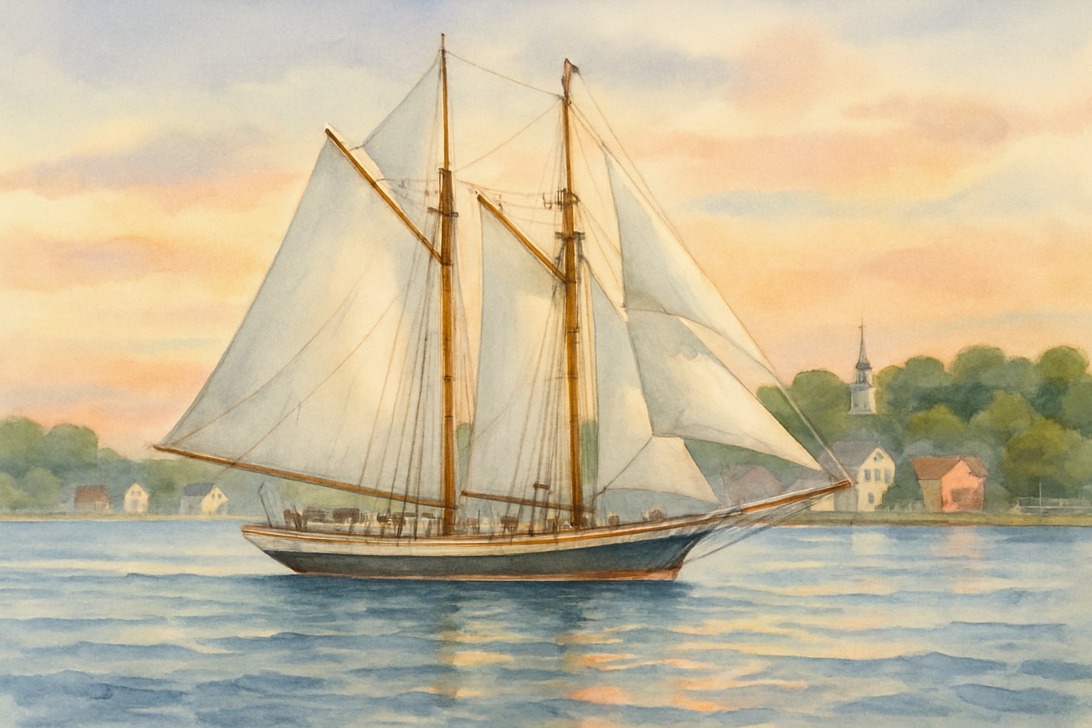 A historic schooner sailing near a coastal town with calm waters and a sunset sky.