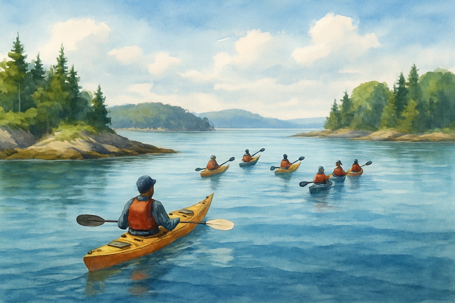 A group of kayakers paddling through calm blue waters surrounded by green islands and rocky shores under a bright sky.