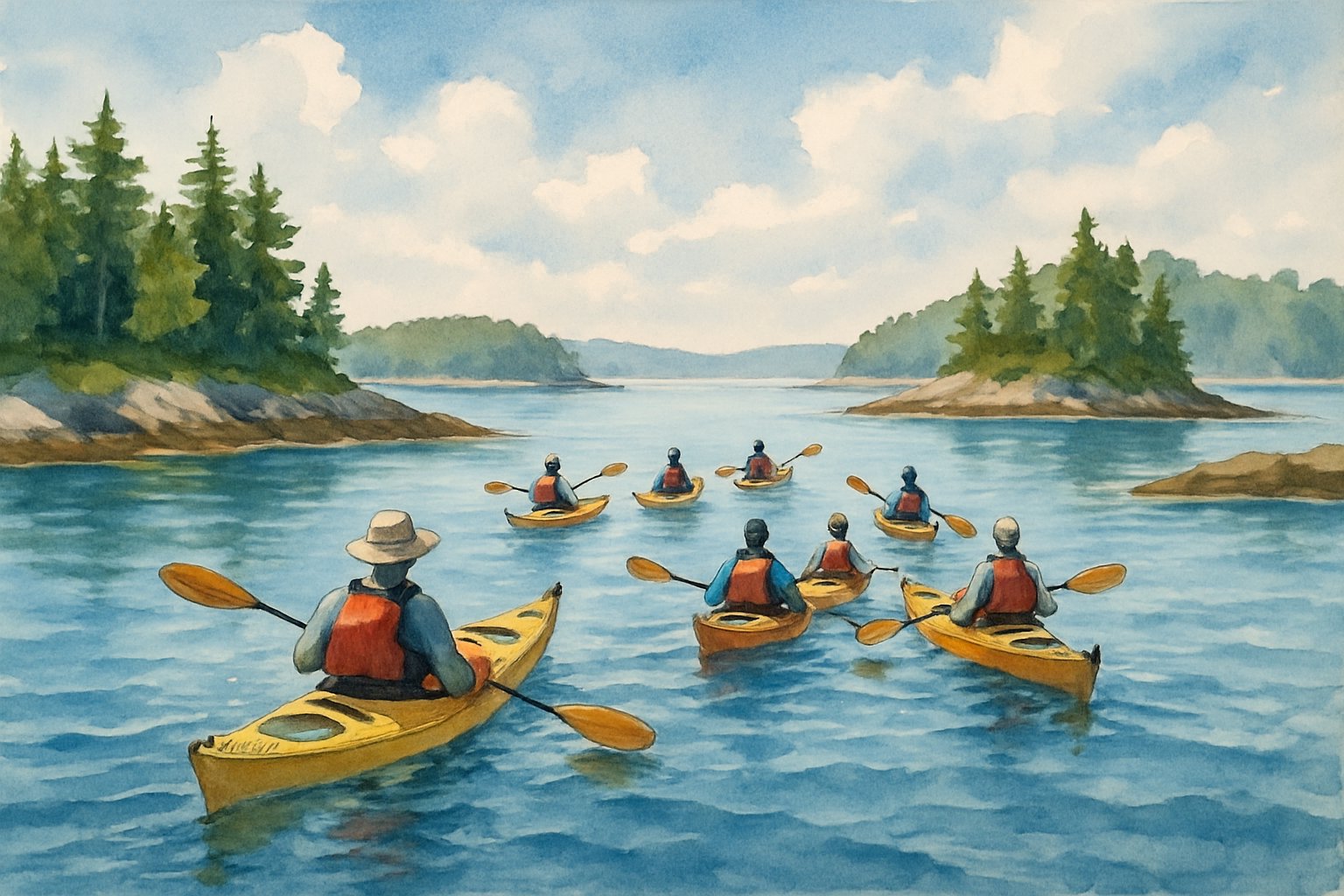 A group of kayakers paddling through calm coastal waters surrounded by small green islands and rocky shorelines under a partly cloudy sky.