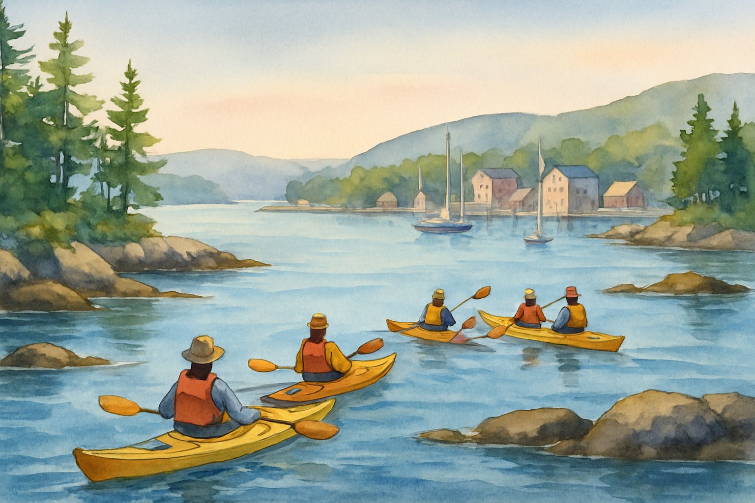 A group of kayakers paddling through calm coastal waters surrounded by small tree-covered islands and a harbor town in the distance.