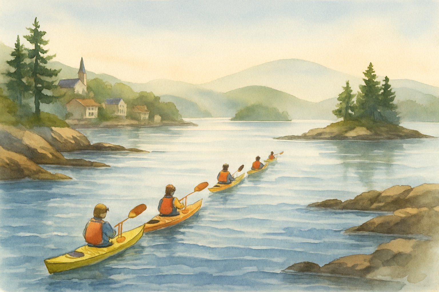 Kayakers paddling on calm blue water near a coastal town with green islands and rocky shorelines in the distance.