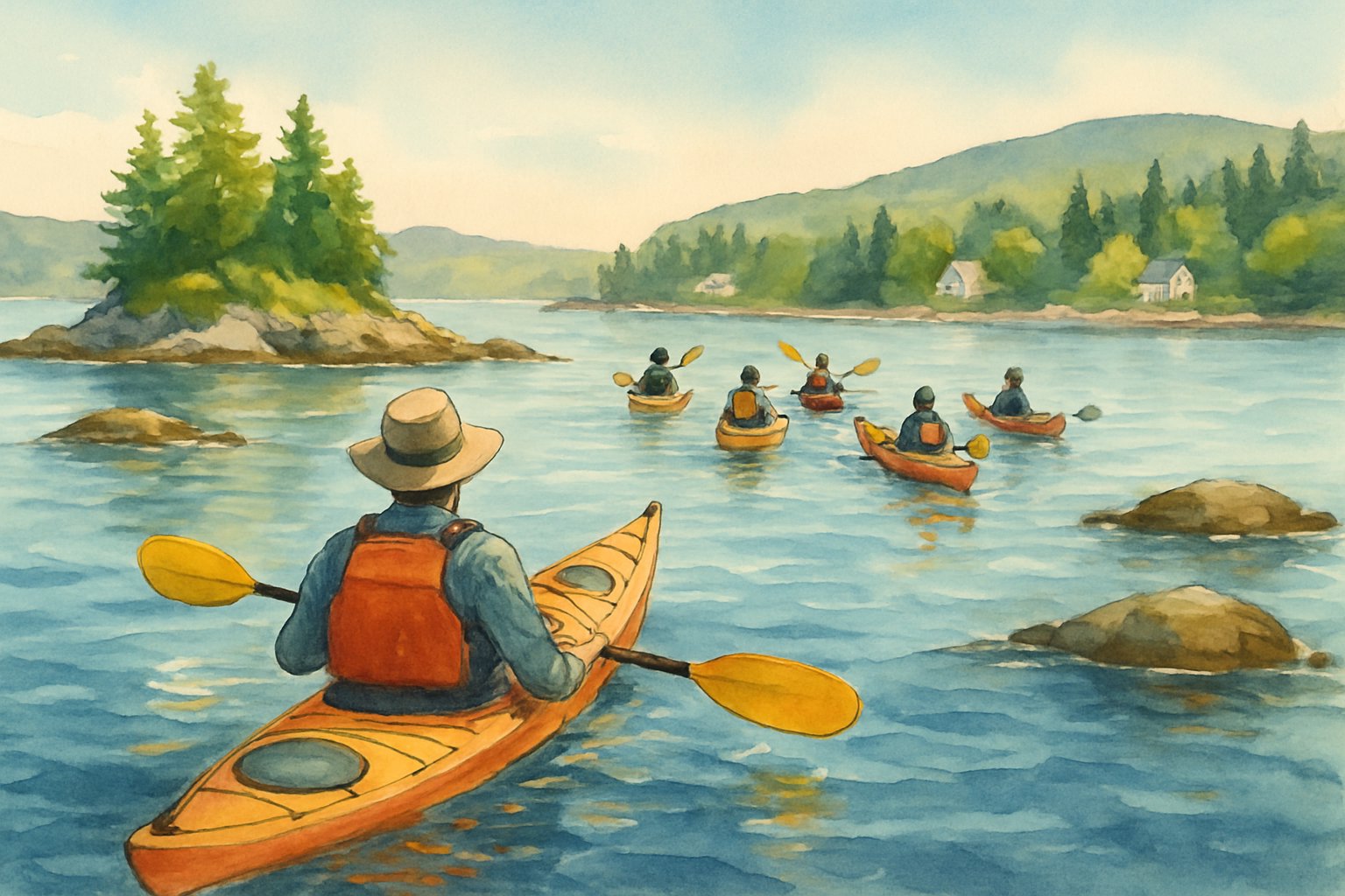 A group of kayakers paddling through calm blue waters surrounded by green islands and a rocky coastline under a clear sky.