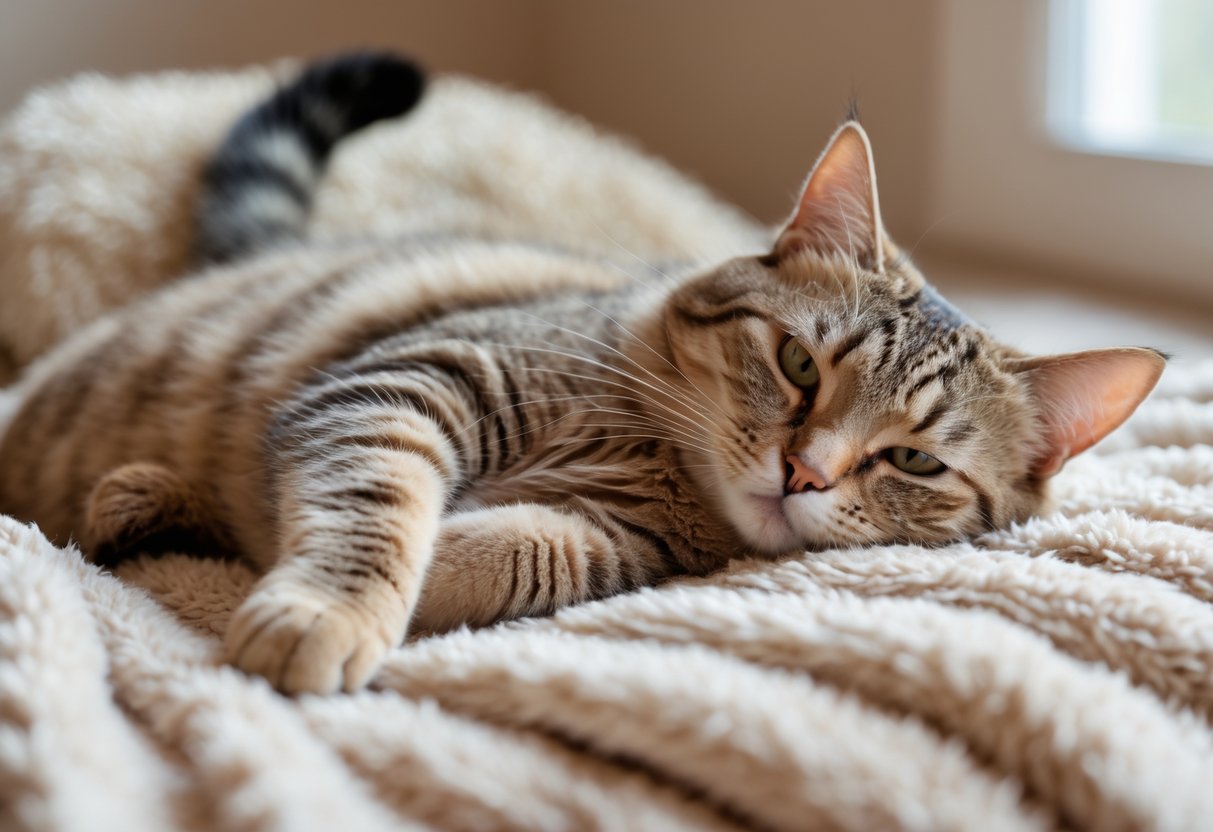 A domestic cat lying down with its tail gently wagging in a calm, cozy setting.