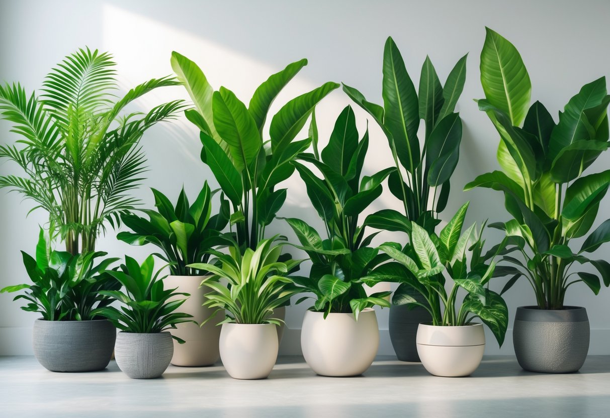 An arrangement of ten tall green shade plants in various pots against a plain background.