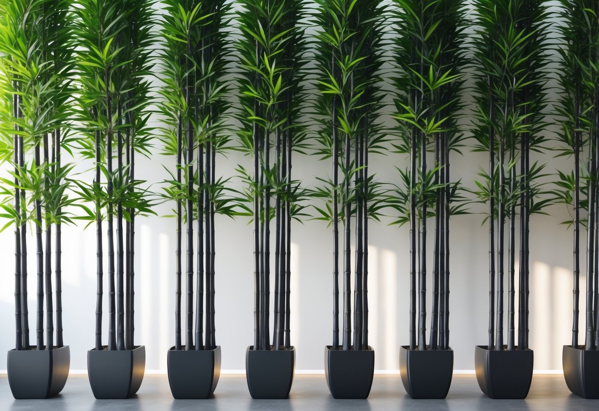 Ten tall Black Pearl Bamboo plants with dark stems and green leaves arranged in pots.