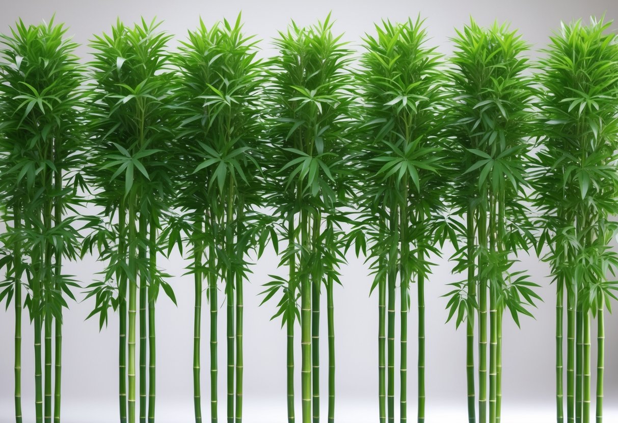 Ten tall, green Sasa bamboo plants arranged in a row with dense leaves and slender stalks.