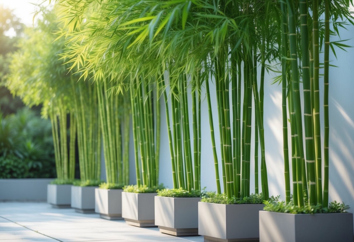 Ten tall arrow bamboo plants arranged outdoors with green leaves providing shade.