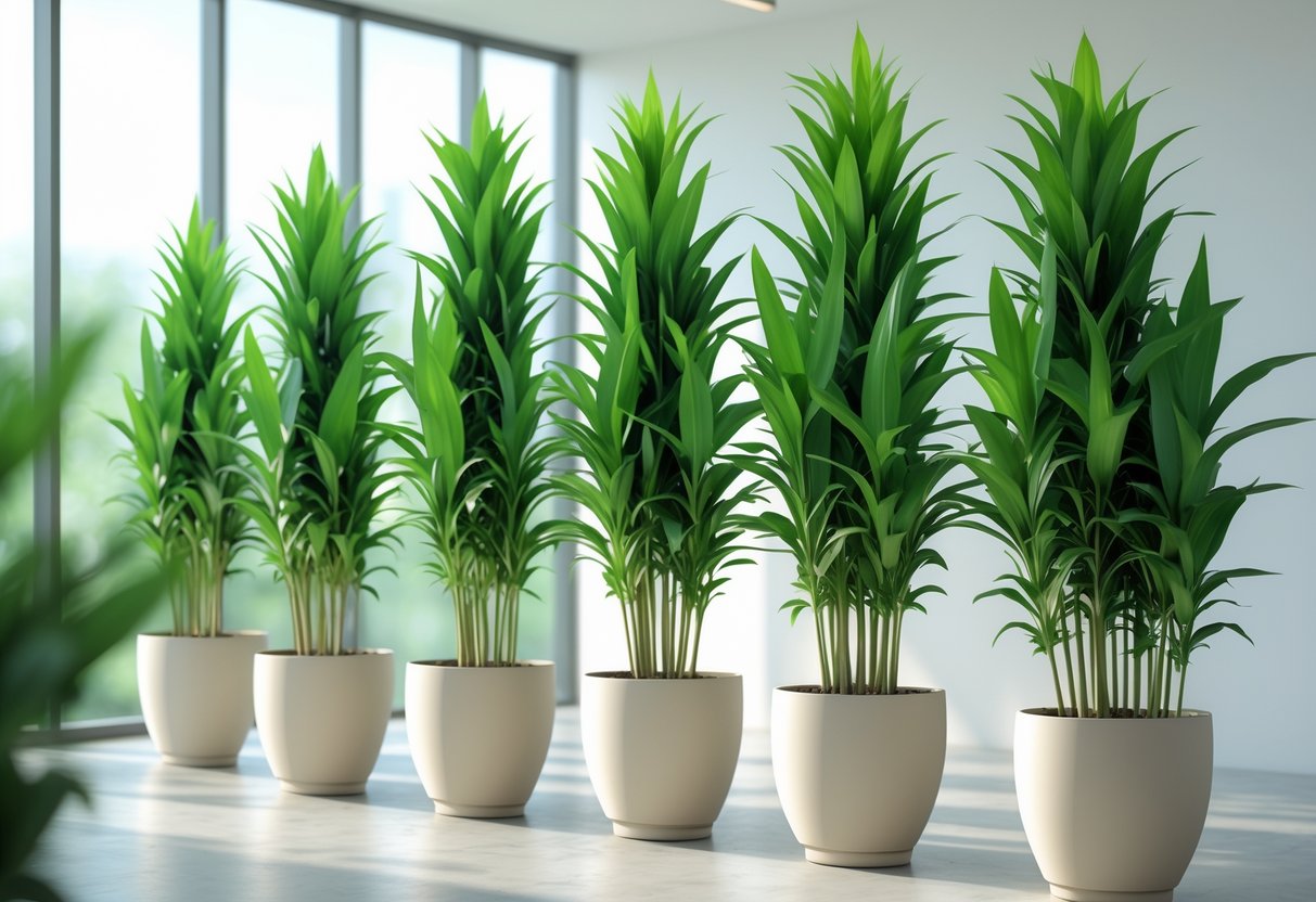 Ten tall Sun King Aralia plants with lush green leaves arranged indoors in simple pots.