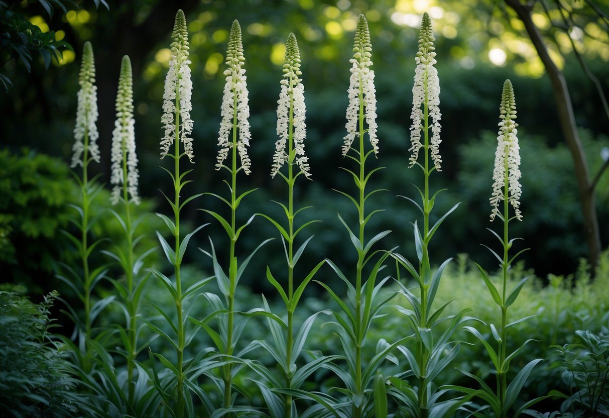 Ten tall Cimicifuga (Bugbane) plants with white flowers and green leaves growing in a shaded garden.