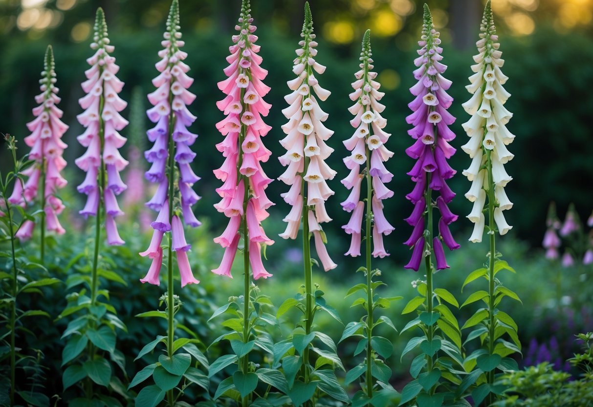 Ten tall foxglove plants with pink, purple, and white bell-shaped flowers growing in a garden.