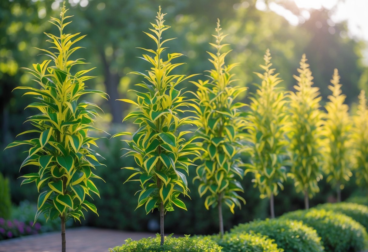Ten tall Abelia Funshine plants with green and yellow leaves arranged outdoors in a garden setting.