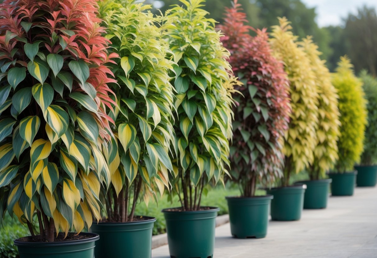 Ten tall Kaleidoscope Abelia plants with colorful leaves and small flowers arranged outdoors in a row.