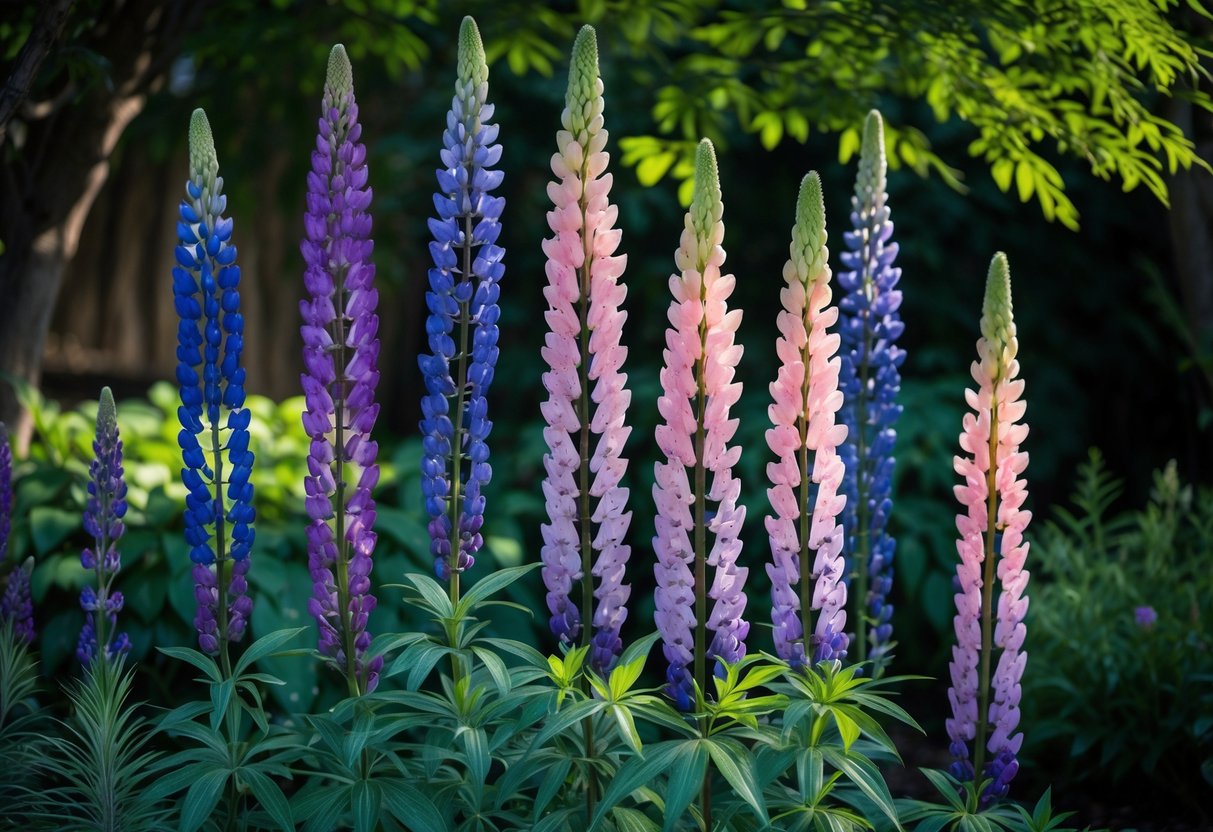 Ten tall lupine plants with colorful flowers growing in a shaded garden area surrounded by green foliage.