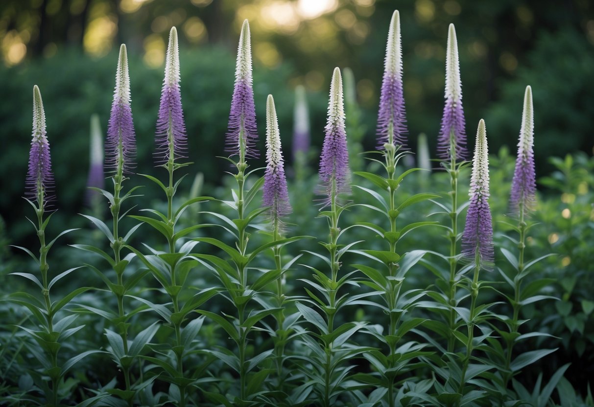A group of tall Bear's Breeches plants with spiky green leaves and purple-white flowers growing in a shaded garden.