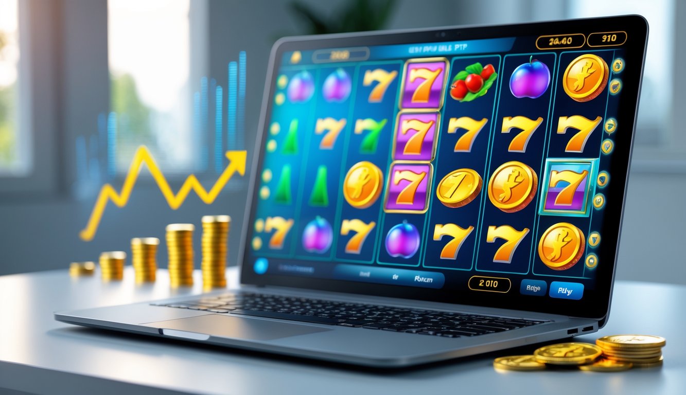 Seorang pengguna sedang bermain slot online di laptop dengan layar menampilkan gulungan slot berwarna cerah dan grafik digital di latar belakang.