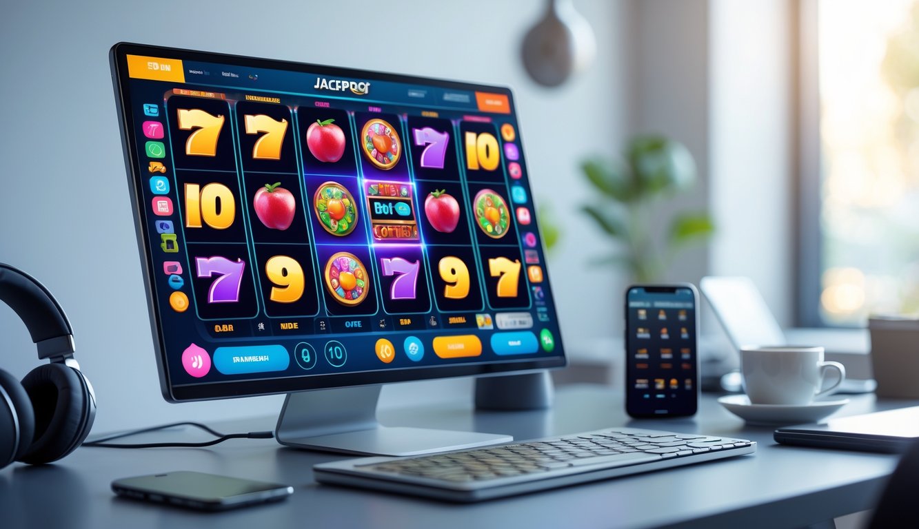 Seseorang menggunakan komputer dengan permainan slot online terbaru tahun 2024 di layar, di meja kerja dengan beberapa perangkat teknologi di sekitar.