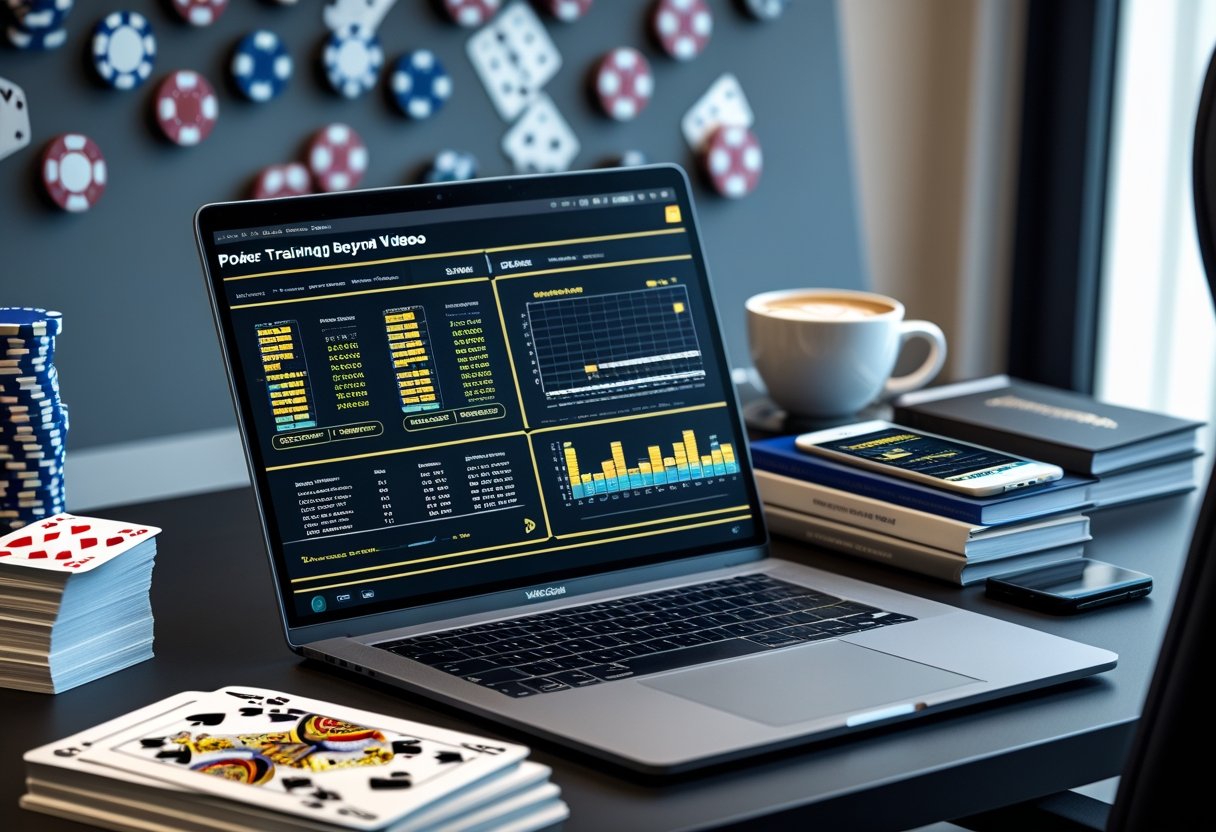A workspace with a laptop showing poker strategy charts, poker books, a smartphone with a poker app, poker chips, and playing cards on a desk.