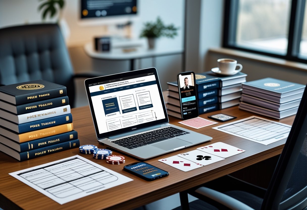 A workspace with a laptop, poker books, charts, playing cards, and poker chips arranged on a desk in a modern office setting.