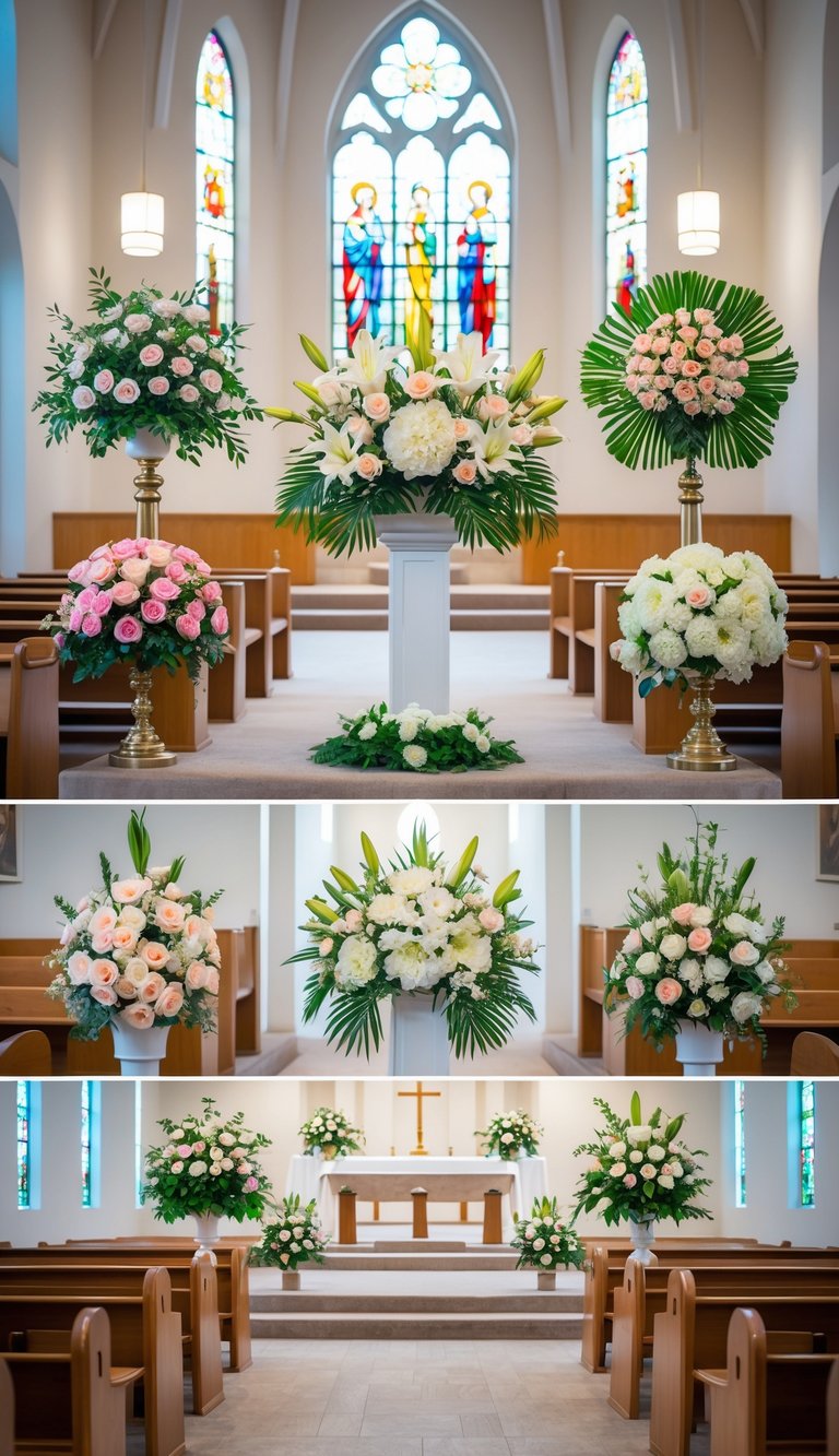 A church interior with 15 different flower arrangements displayed around the altar and pews.