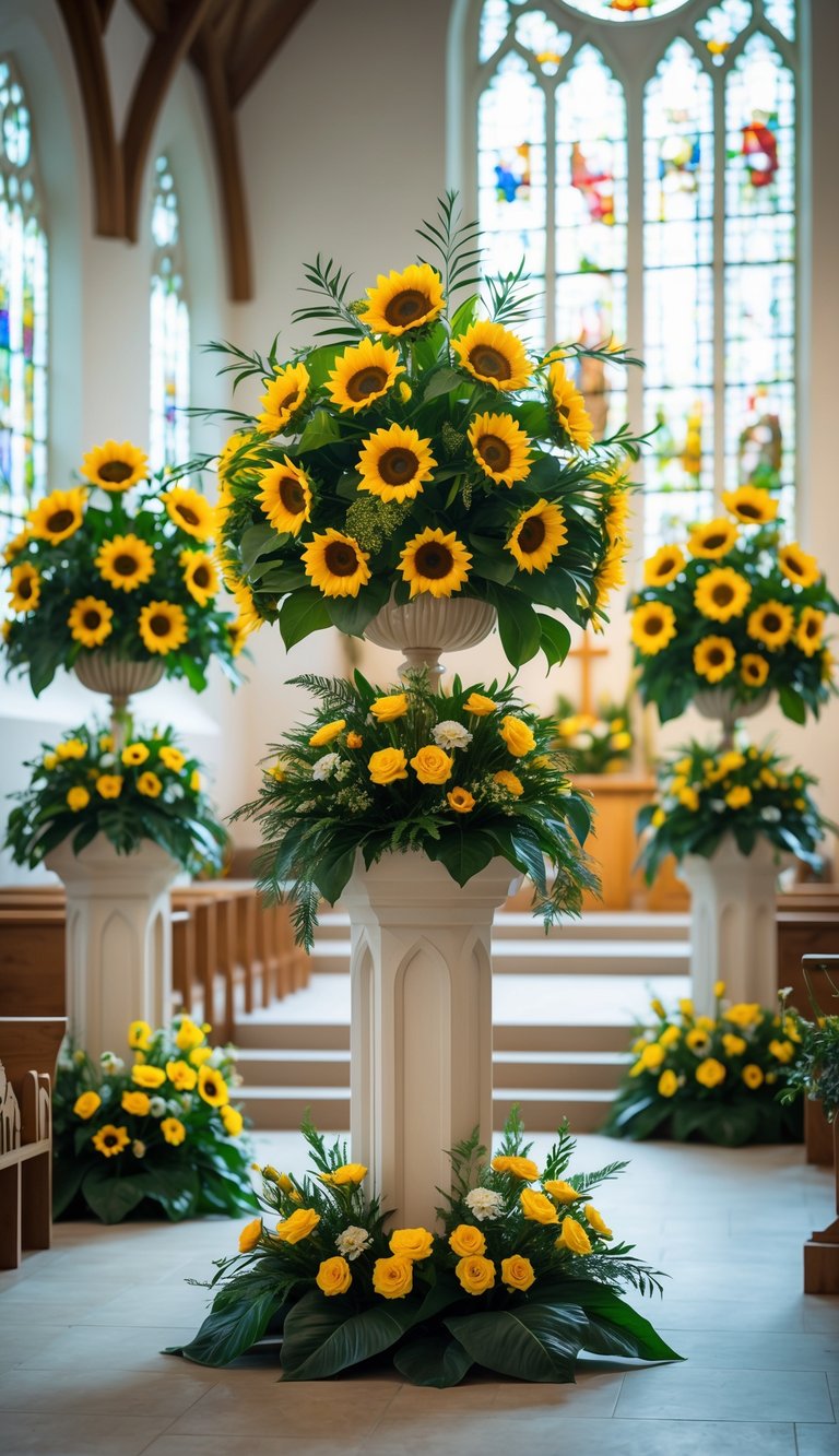 Tall pedestal flower arrangements with sunflowers and greenery inside a church.