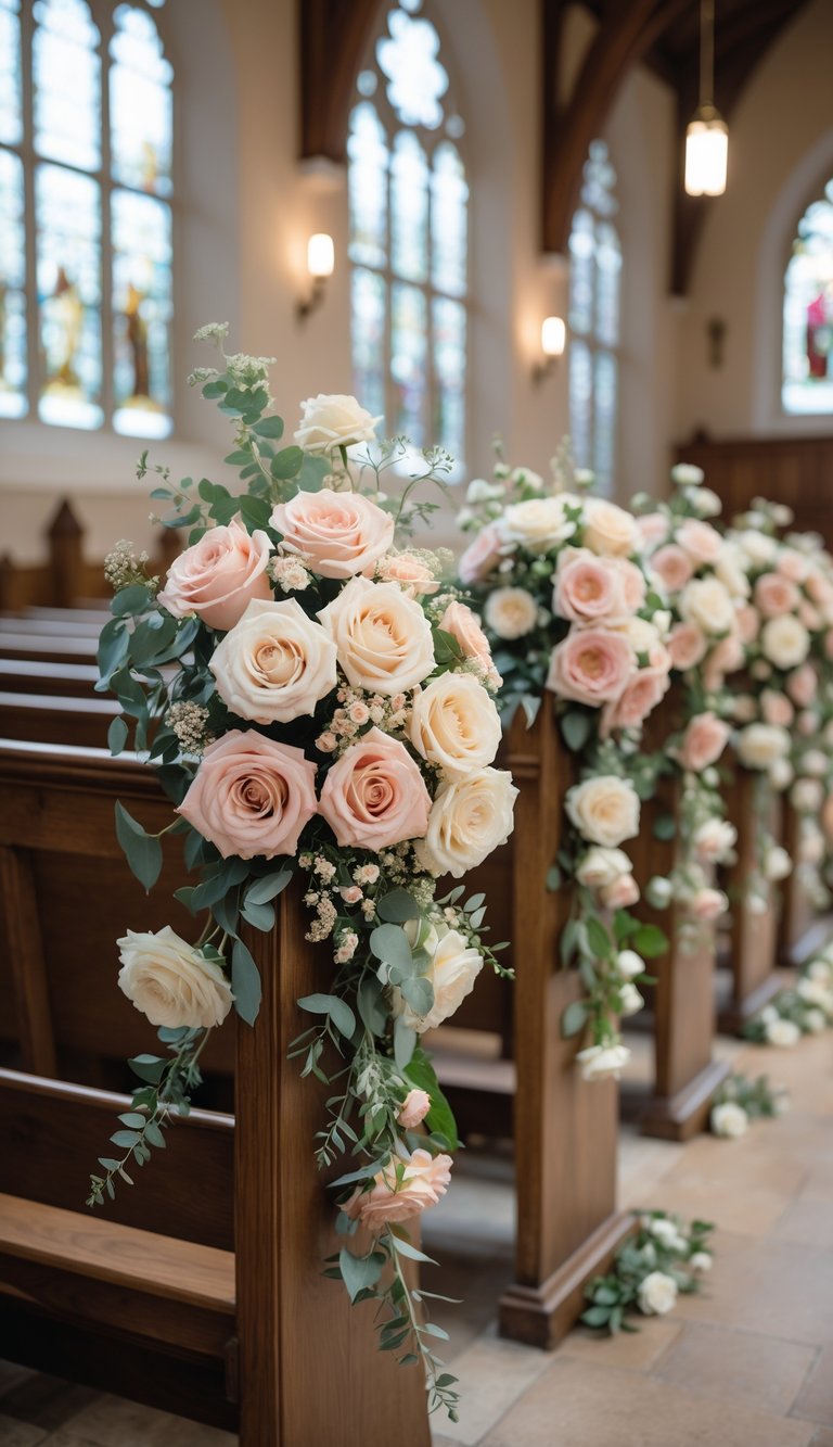 Wooden church pews decorated with rose garlands along the sides, leading down the aisle in a softly lit church interior.