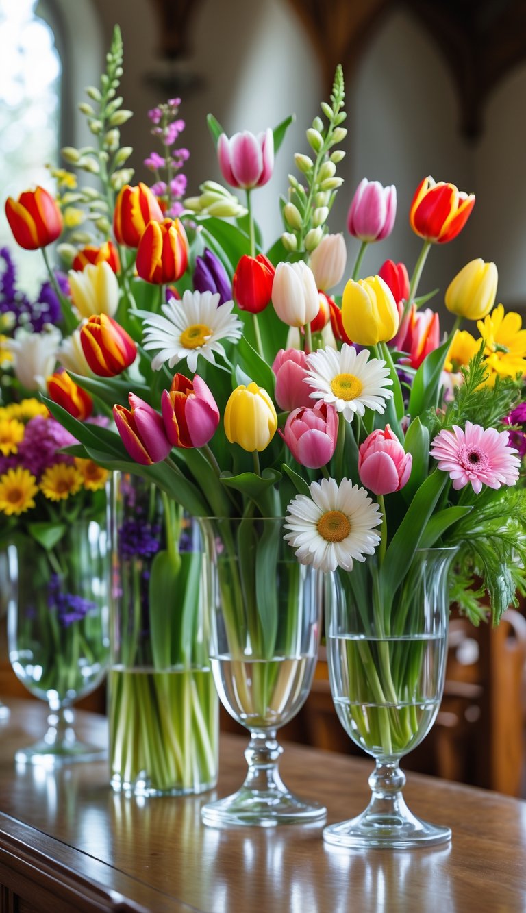 Tall glass vases filled with colorful tulip and daisy bouquets on a wooden surface.