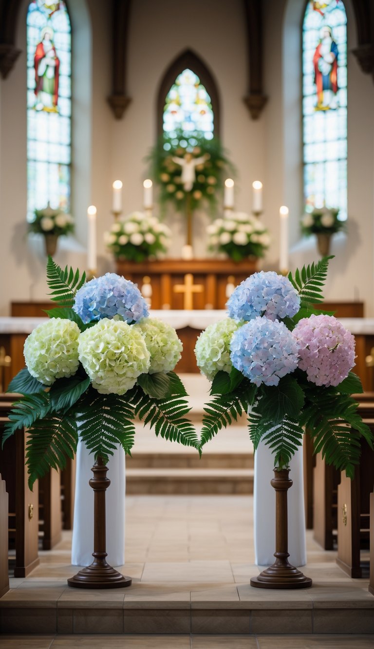 Symmetrical clusters of hydrangea flowers and green ferns arranged on a church altar with soft natural light in the background.