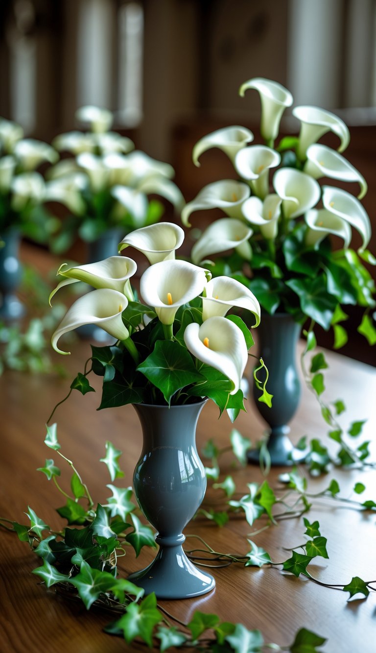 Tabletop display of white calla lilies and green ivy arranged in multiple vases on a wooden surface.
