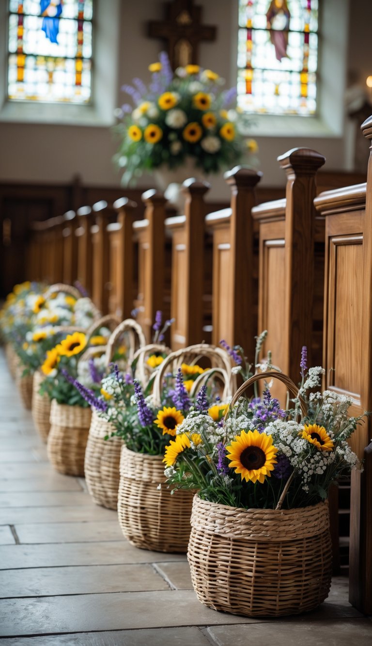 Church aisle decorated with rustic baskets filled with colorful wildflowers placed beside wooden pews.
