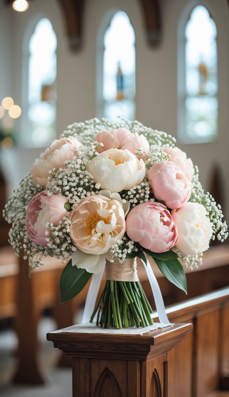 A bouquet of soft pastel peonies and baby's breath flowers arranged on a wooden surface in a church setting.
