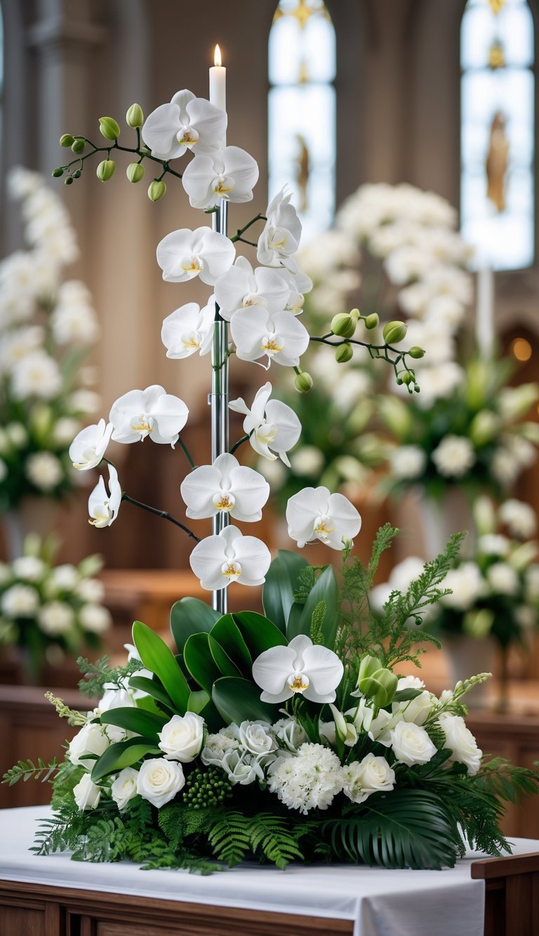 A church altar decorated with white orchids and green foliage arranged in multiple floral displays.