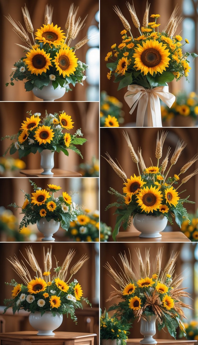 A collection of sunflower and wheat stalk flower arrangements displayed indoors on wooden surfaces.