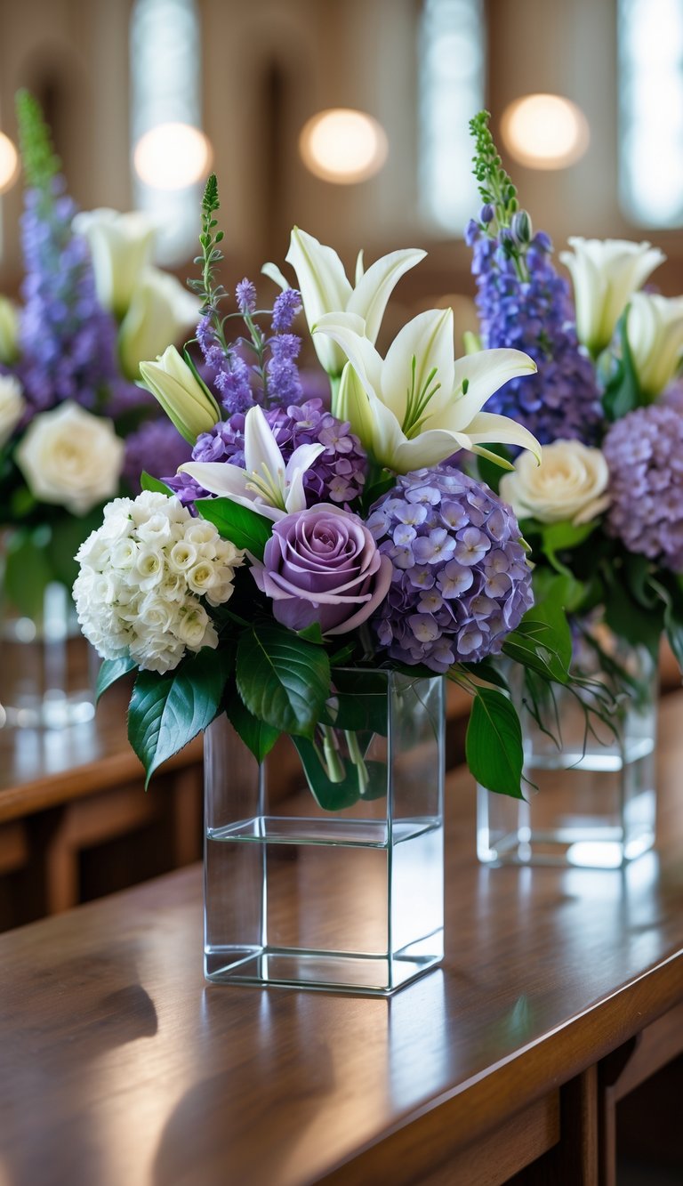 Square vases filled with mixed purple and white flowers arranged on a wooden surface.