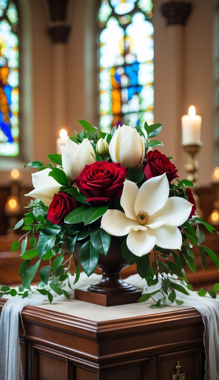 An altar centerpiece with red roses and white magnolia flowers arranged on a wooden altar inside a church.