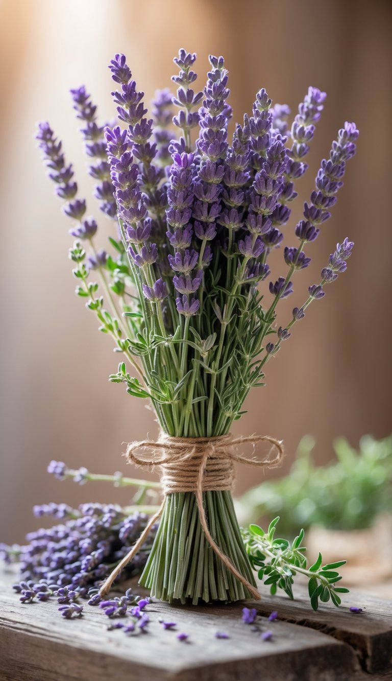 Close-up of tied bunches of lavender and thyme arranged on a wooden surface.