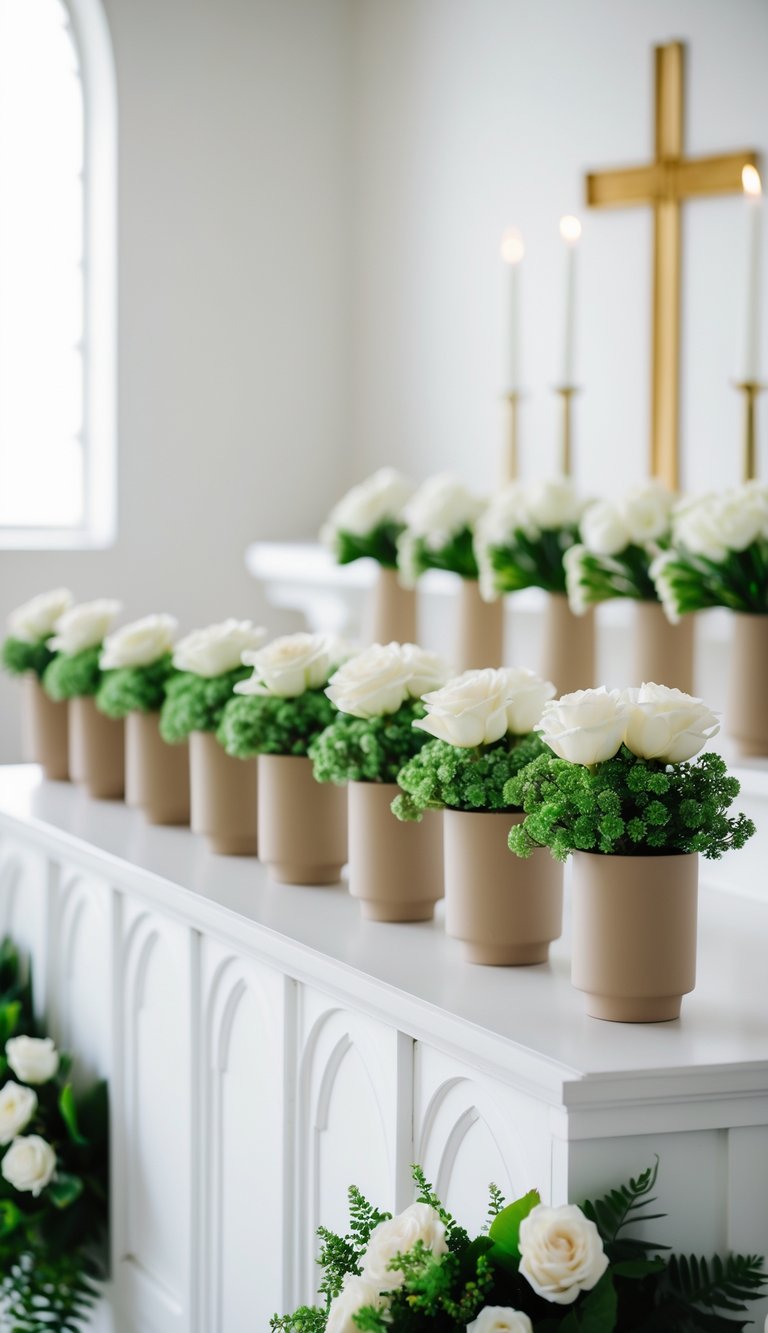 A church altar with 15 pots containing green succulents and white roses arranged neatly.