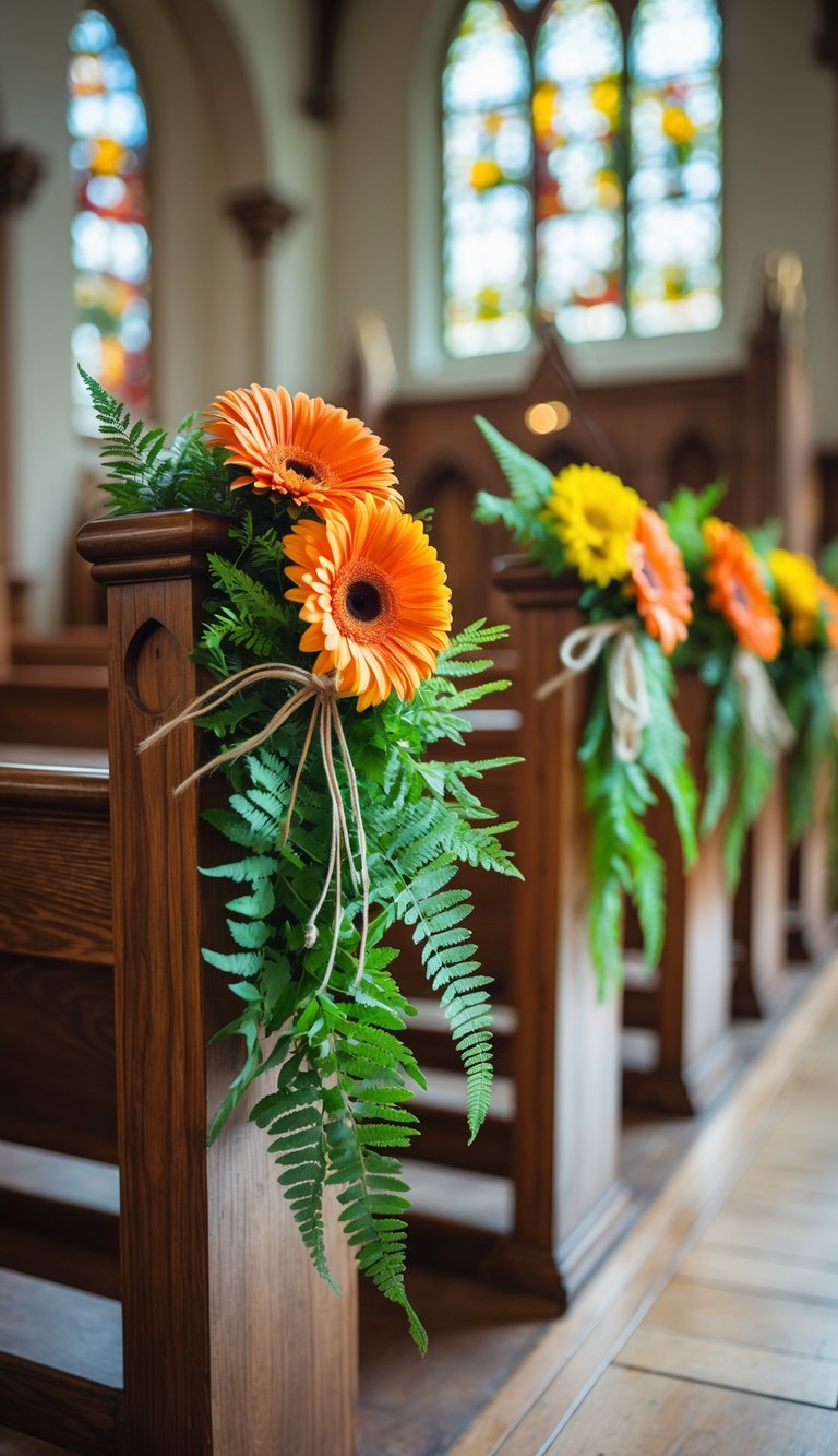 Bright orange and yellow gerbera daisies with green ferns attached to the ends of wooden church pews lining an aisle.
