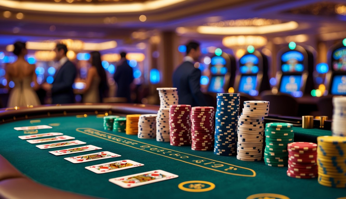 Meja baccarat dengan kartu dan tumpukan chip di kasino dengan latar belakang pemain dan dekorasi mewah.