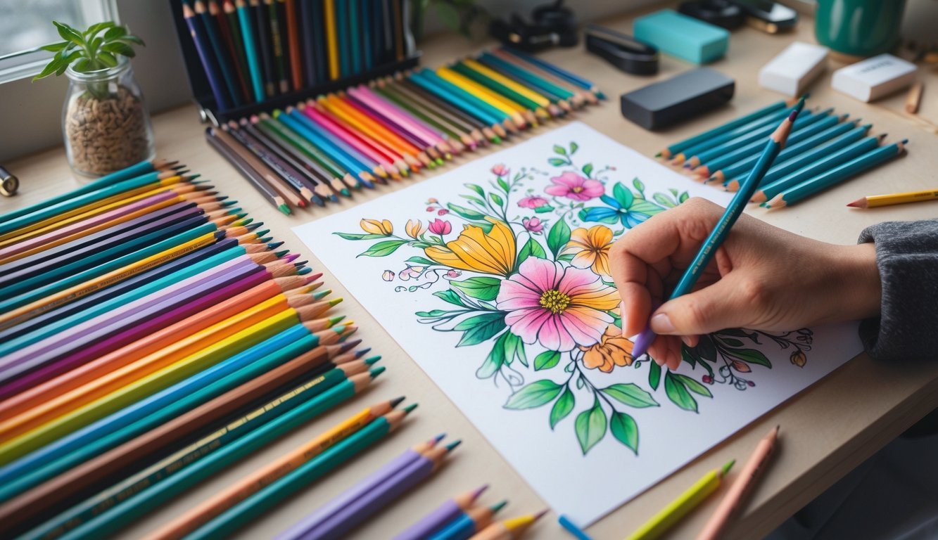 A hand coloring a detailed floral drawing with colored pencils on a wooden desk surrounded by art supplies.