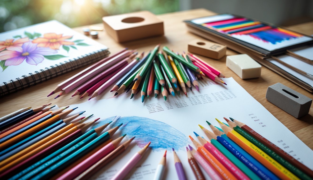 A workspace with colored pencils, a sketchbook showing a partially colored drawing, a pencil sharpener, eraser, and blending stump on a wooden desk.