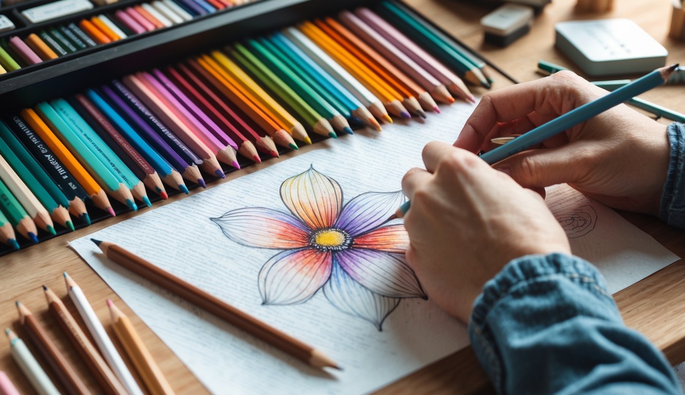 A hand coloring a detailed flower drawing with colored pencils on a wooden table surrounded by art supplies.