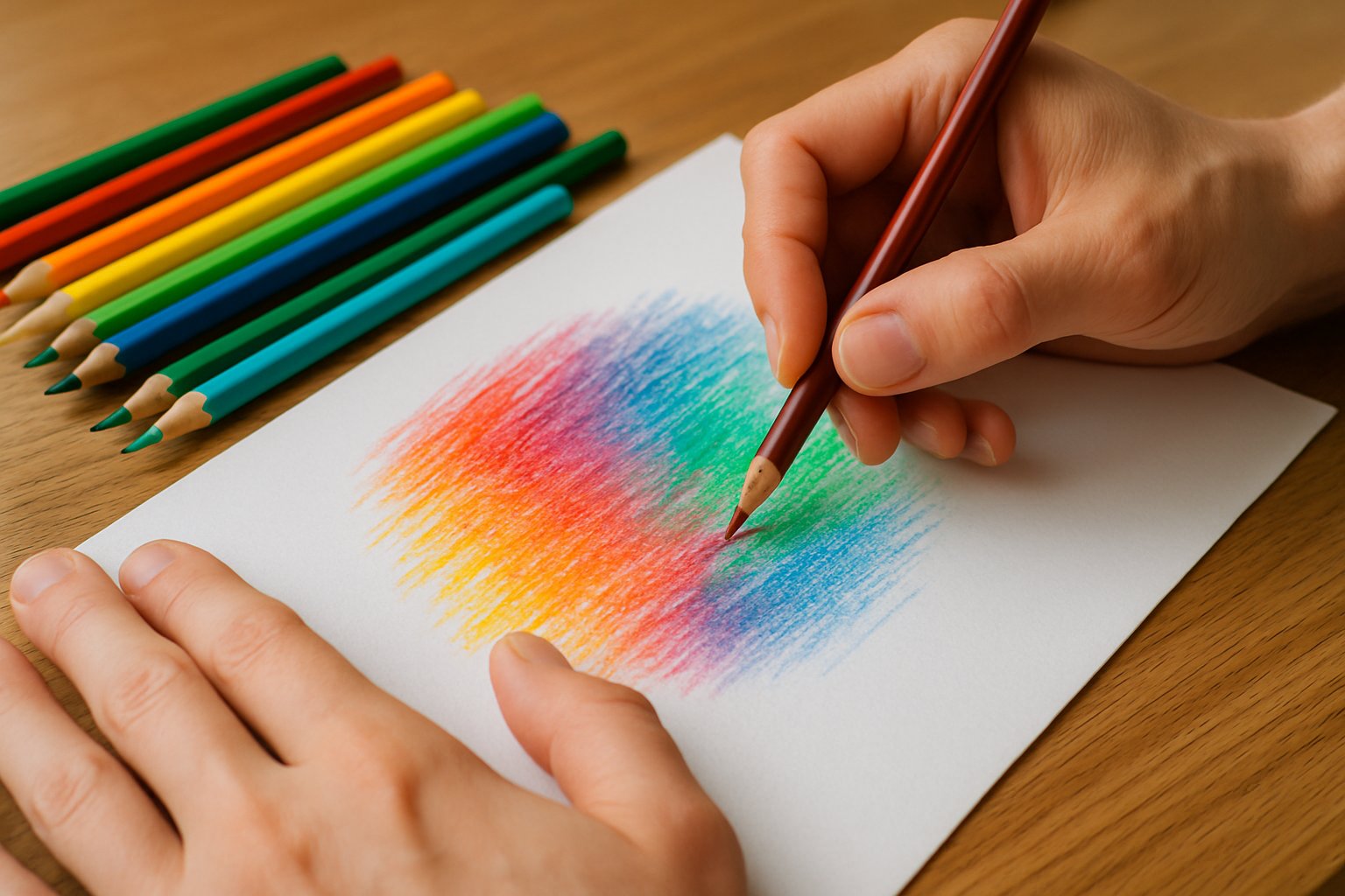 Close-up of hands blending colors with colored pencils on white paper at a wooden table.