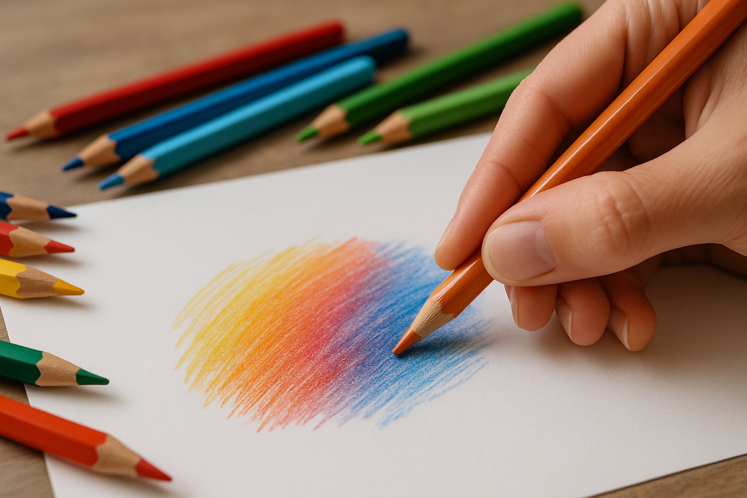 Close-up of a hand blending colored pencils on white paper with several colored pencils nearby.