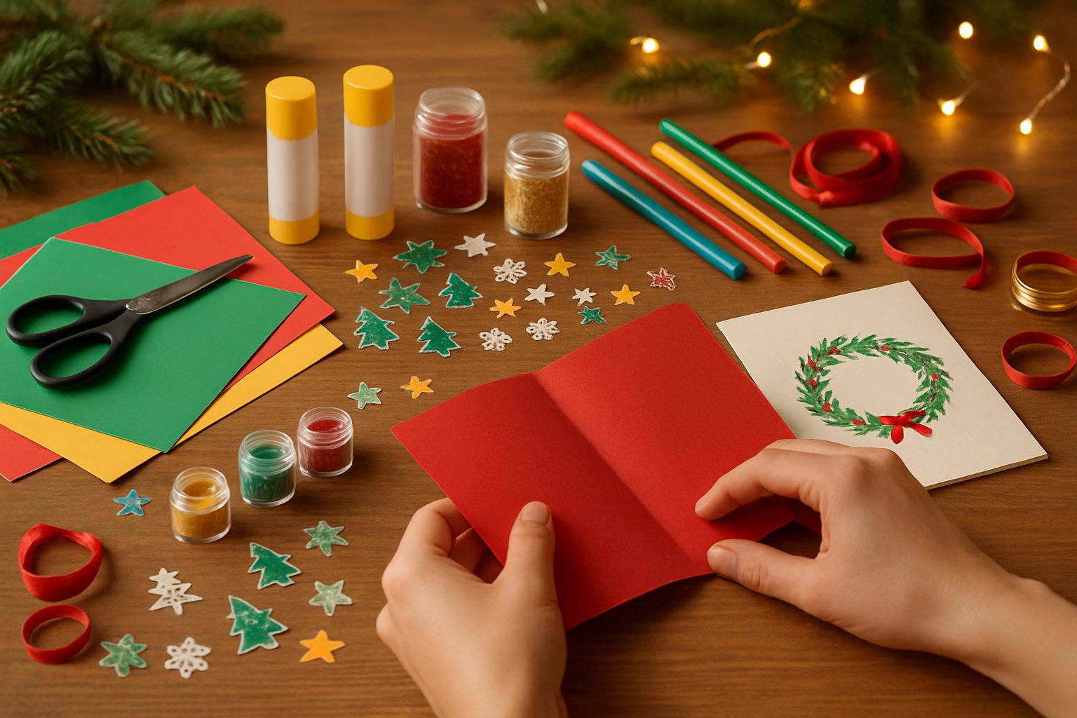Hands crafting a Christmas card on a wooden table surrounded by colorful paper, scissors, glue, and festive decorations.