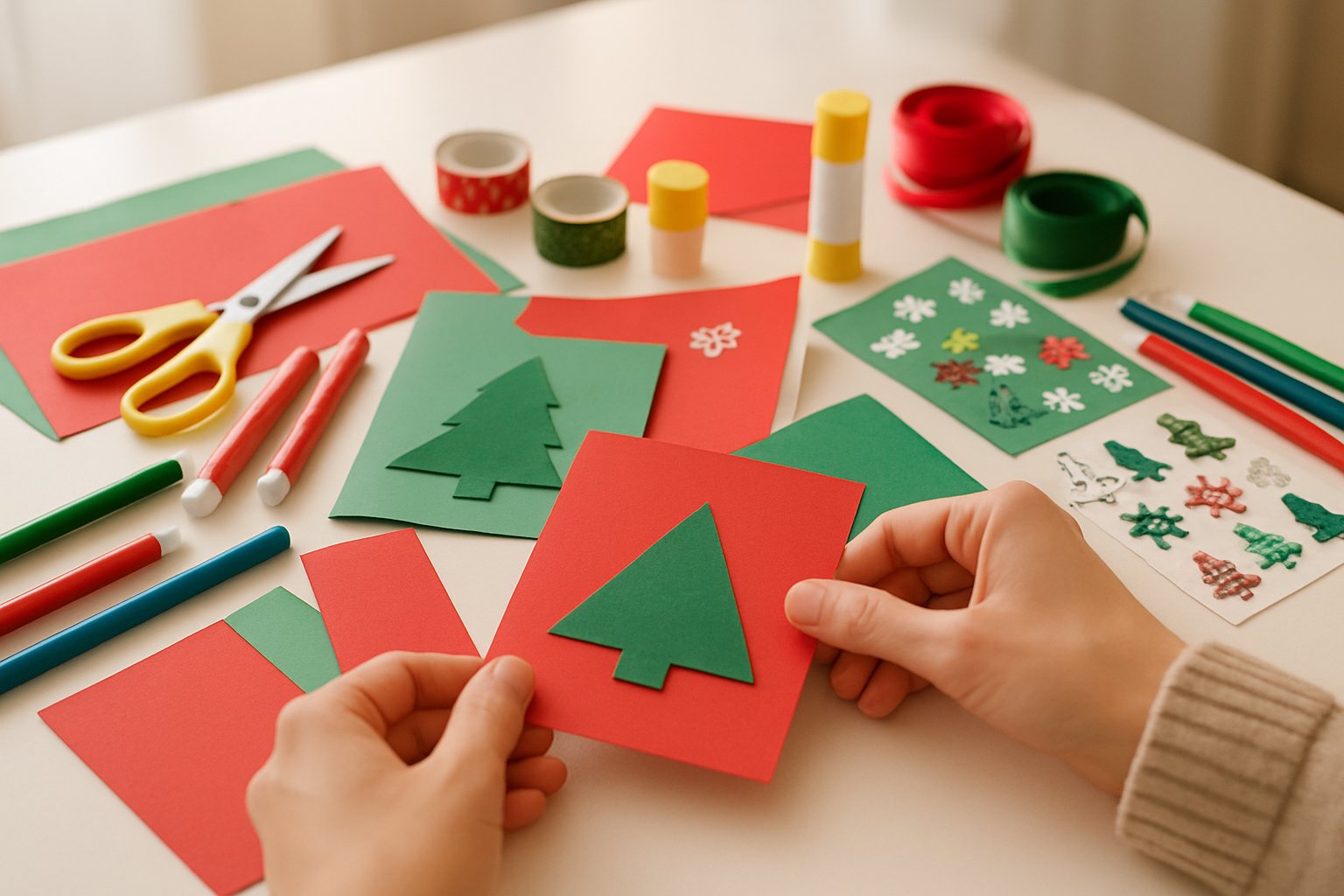 Hands selecting craft materials on a table filled with supplies for making Christmas cards.