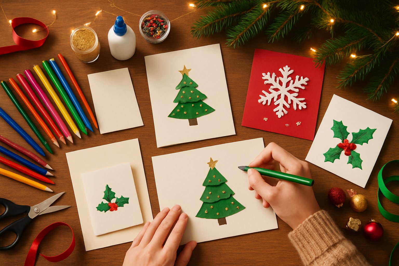 Hands creating Christmas cards on a table filled with art supplies and decorations.