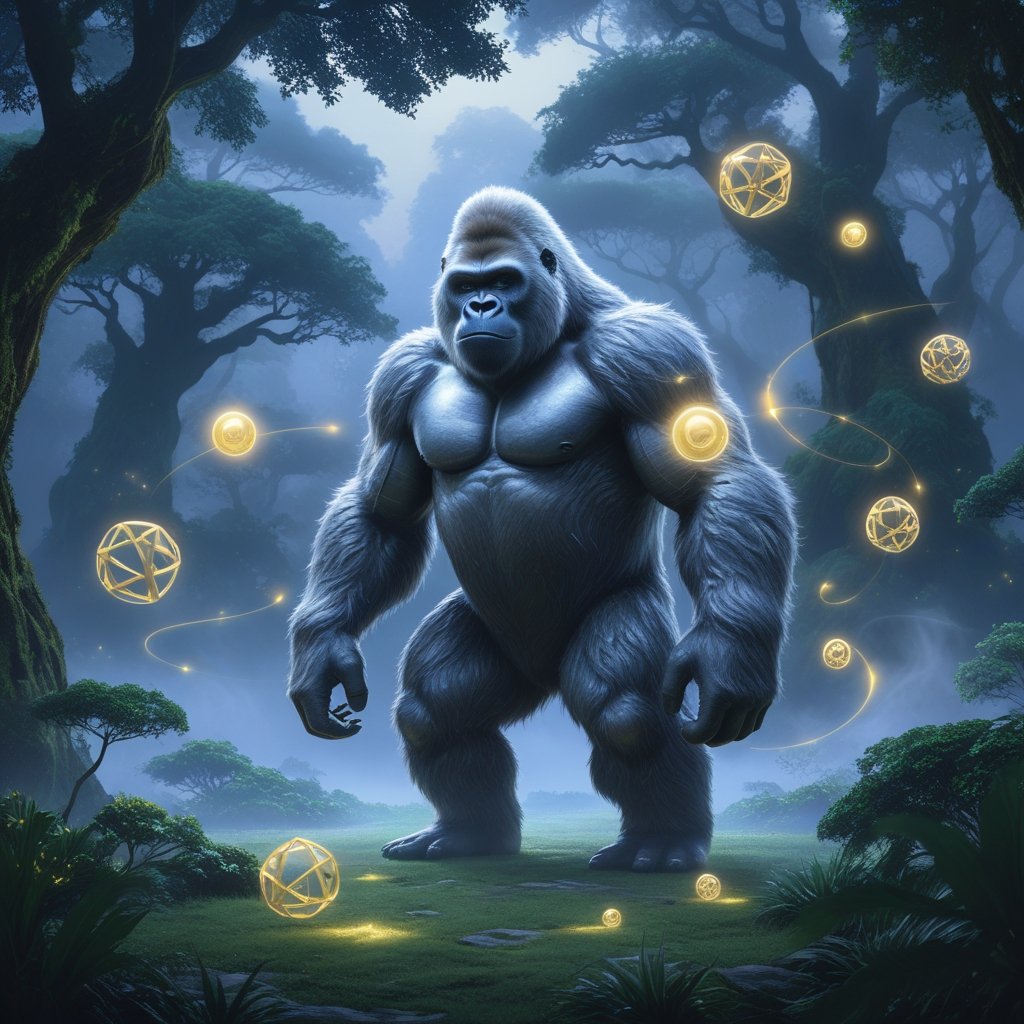 Seekor gorila besar berdiri di tengah hutan bercahaya dengan bola cahaya melayang dan kabut di sekitarnya.