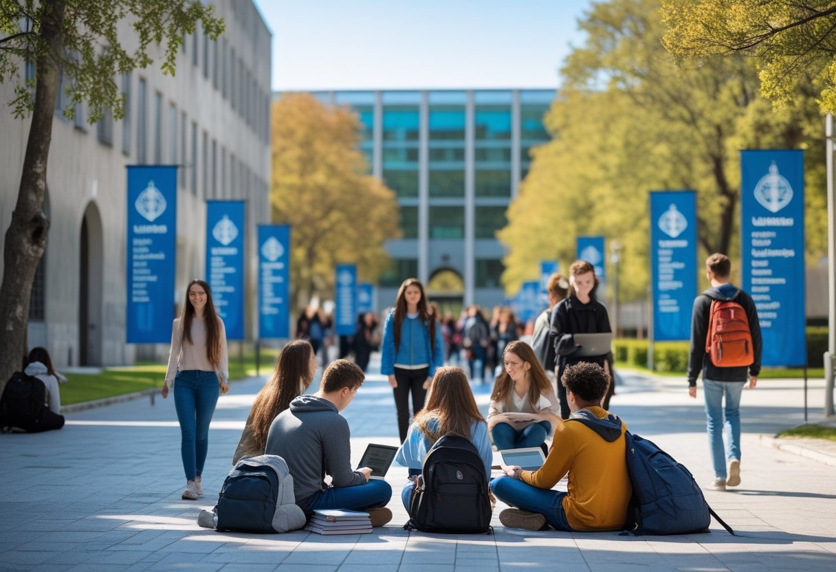 Students studying and walking on a university campus with modern buildings in the background on a sunny day.